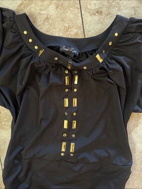 Susie‎ Rose Black Short Puff Sleeve Top with Gold Stud Accents